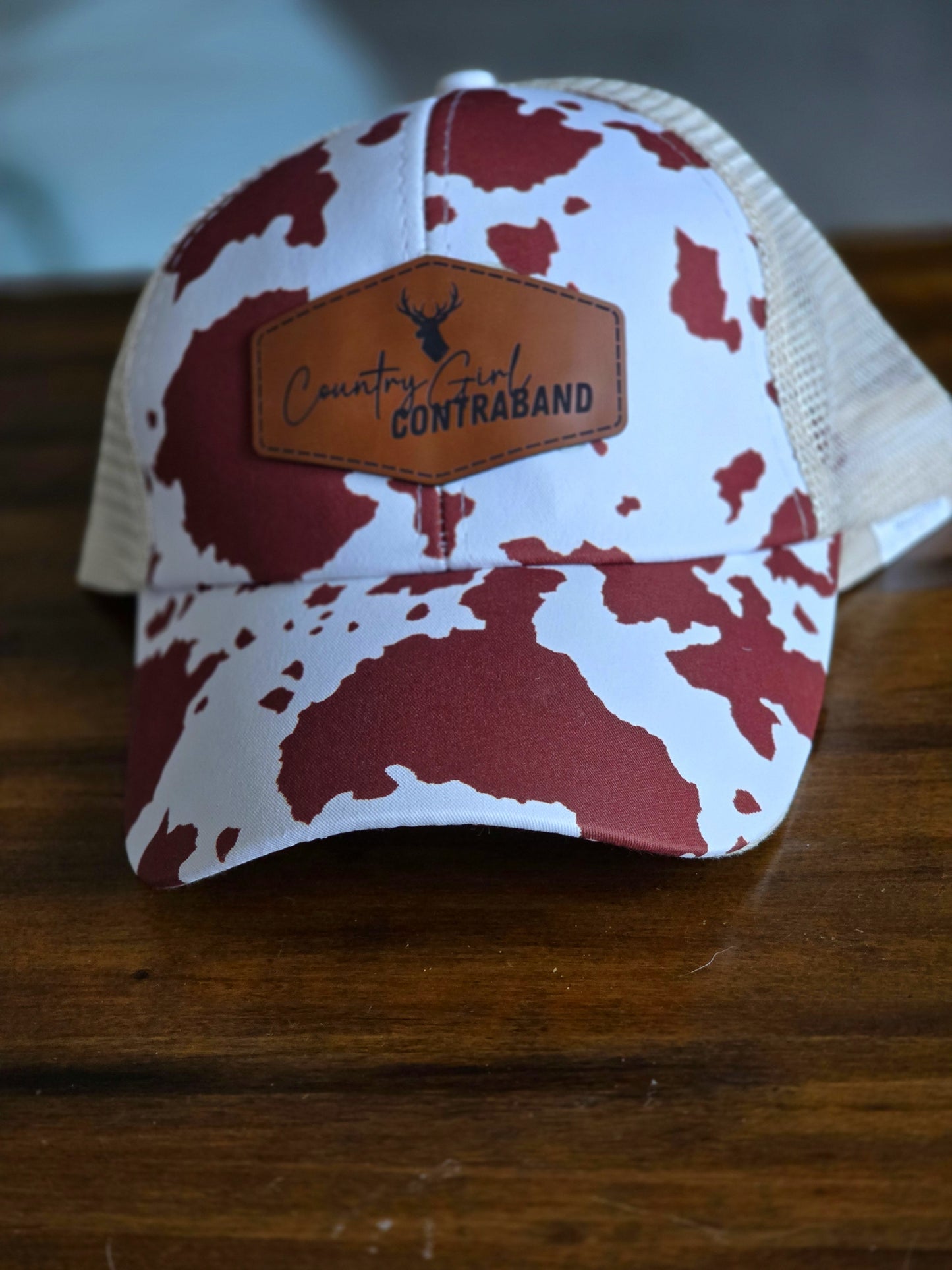 Brown Cow Print Ponytail Hat