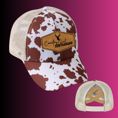 Brown Cow Print Ponytail Hat